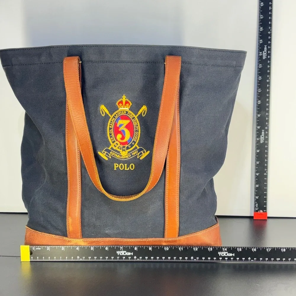 Vintage Polo Ralph Lauren Tote Bag Navy Canvas Leather Crest Heritage Preppy 90s